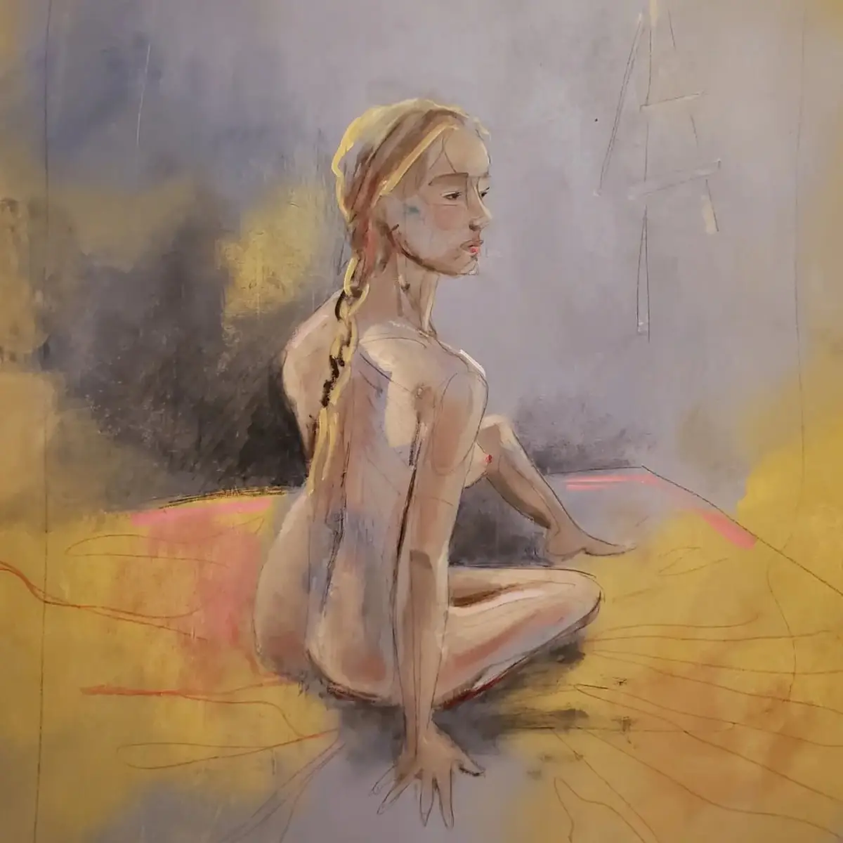 Branda Avis painting of a seated woman with a long braid against a muted yellow and grey background