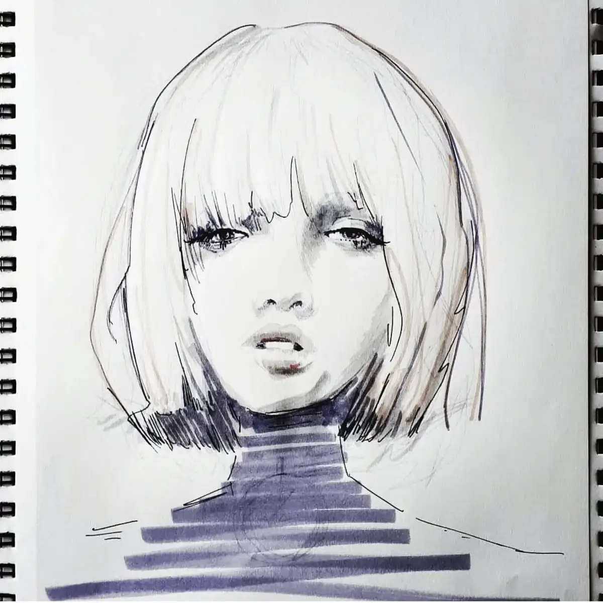 Black-and-white sketchbook portrait of a woman with a bob haircut