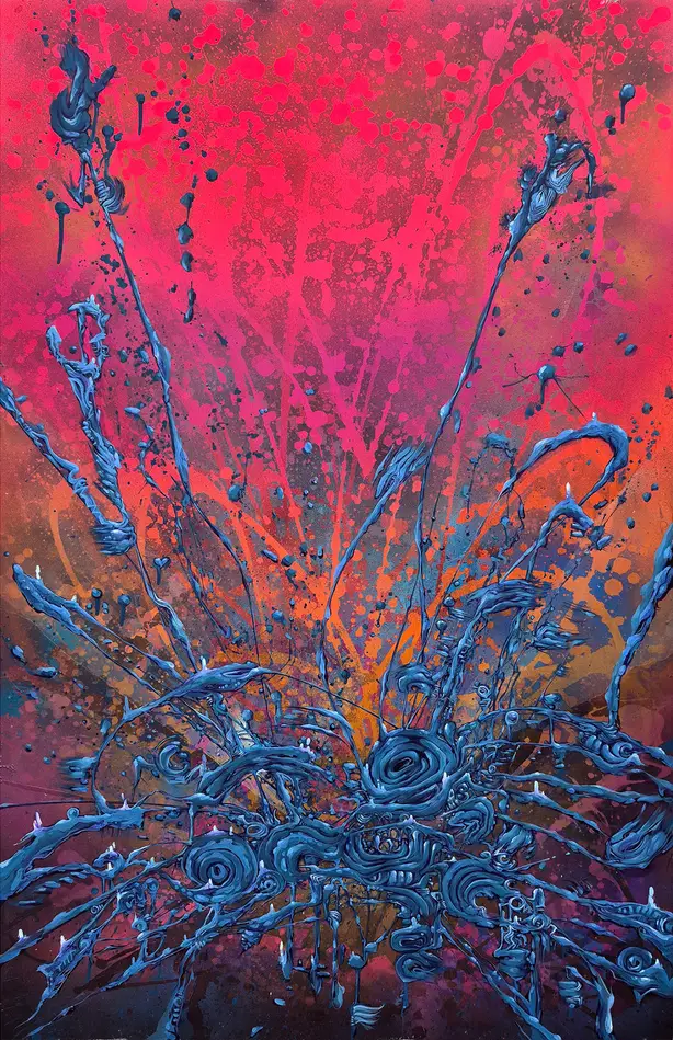 Break of Dawn — magenta field with a dense tangle of blue-grey coils rising from the lower edge