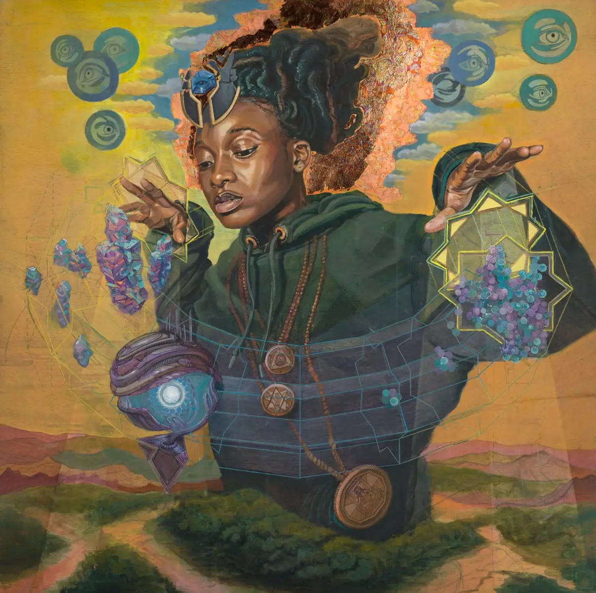 Eye of the World by Adam One — portrait painting with golden background and symbolic detail